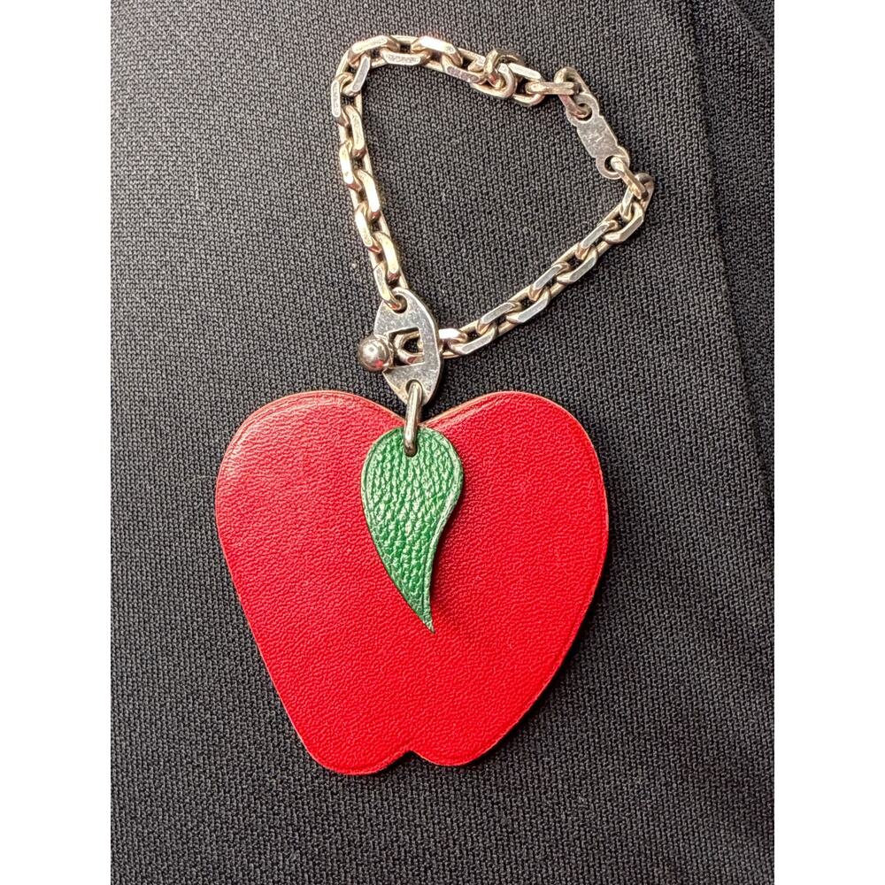 Hermes Apple Fruit Bag Charm Red Green Leather Silver Chain